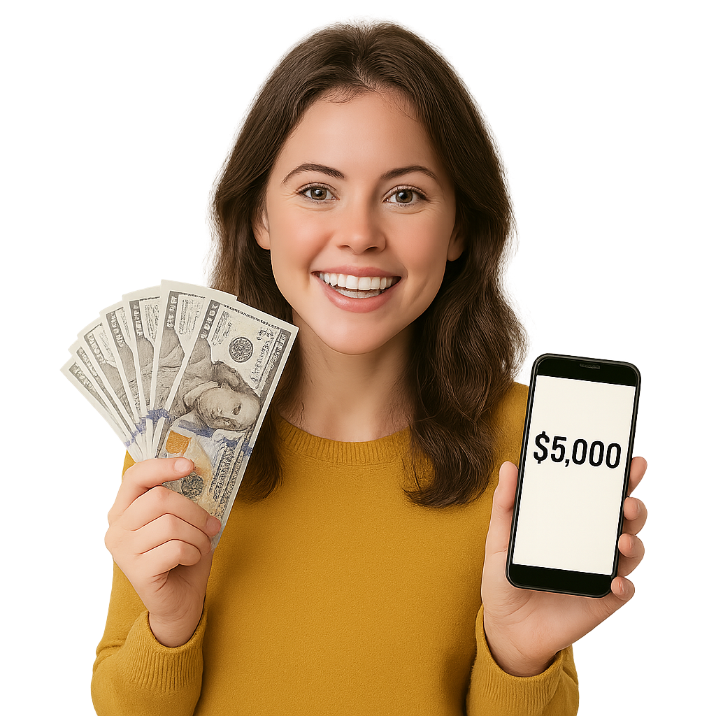 Smiling person holding cash